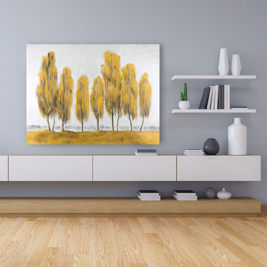 Seven Abstract Yellow Trees | Gray Canvas | Home Decor Art