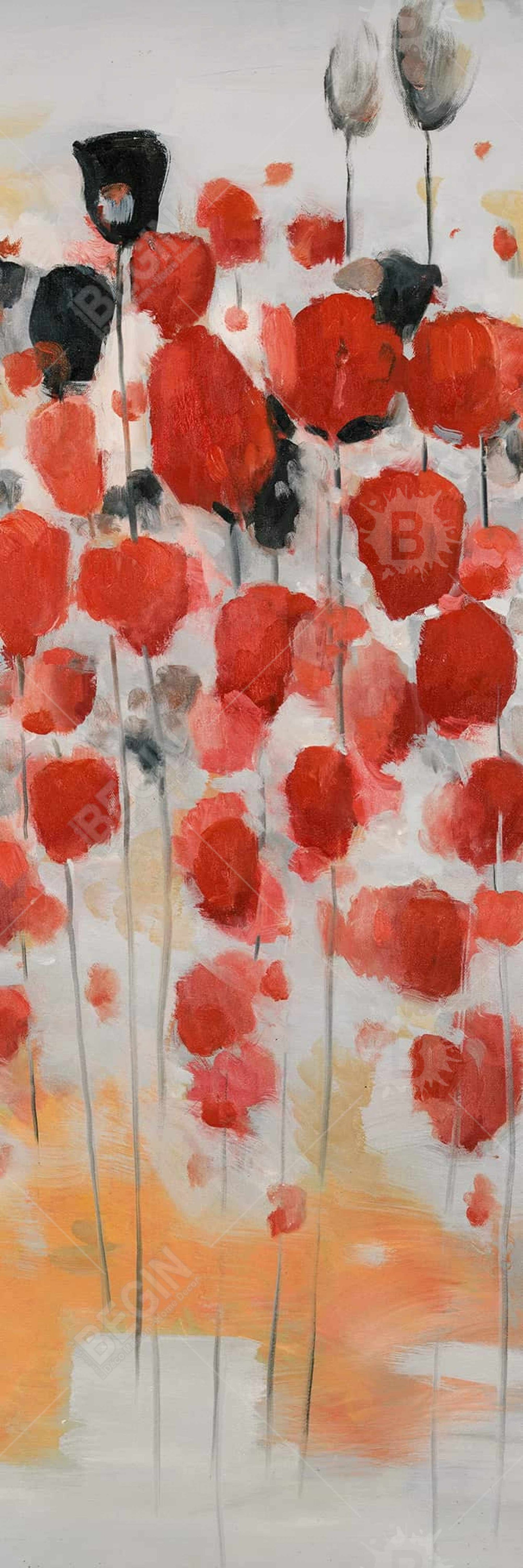 Abstract Red Dotted Flowers Field - Contemporary Framed Canvas