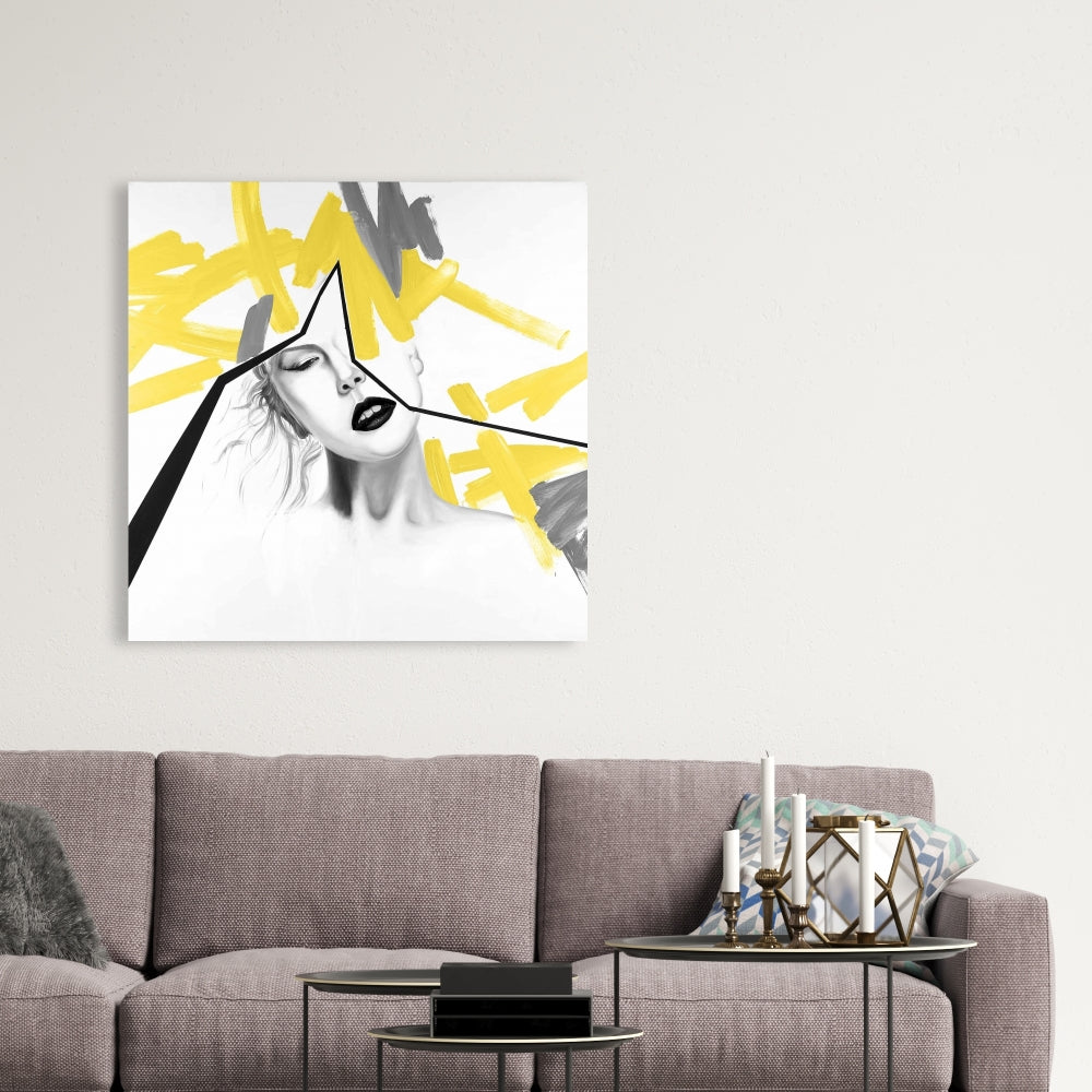 Gray Beauty Modern Canvas - Woman with Yellow Line Home Decor