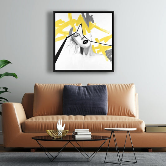 Femme à la ligne jaune – Toile encadrée grise | Décoration de chambre