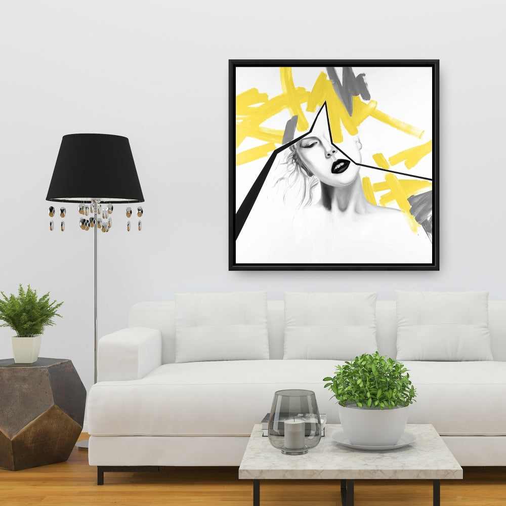 Woman with Yellow Line - Gray Framed Canvas | Bedroom Decor