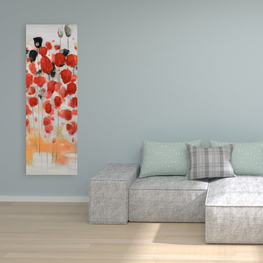 Gray Abstract Canvas - Red Dotted Flowers Field Home Decor