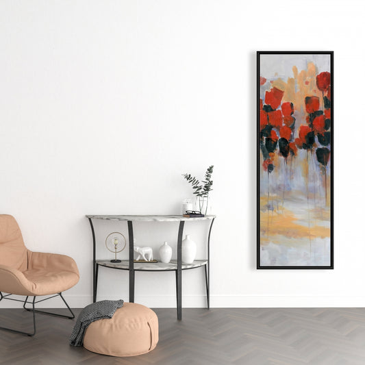 Toile abstraite jaune pour chambre à coucher – Décor champêtre de fleurs rouges