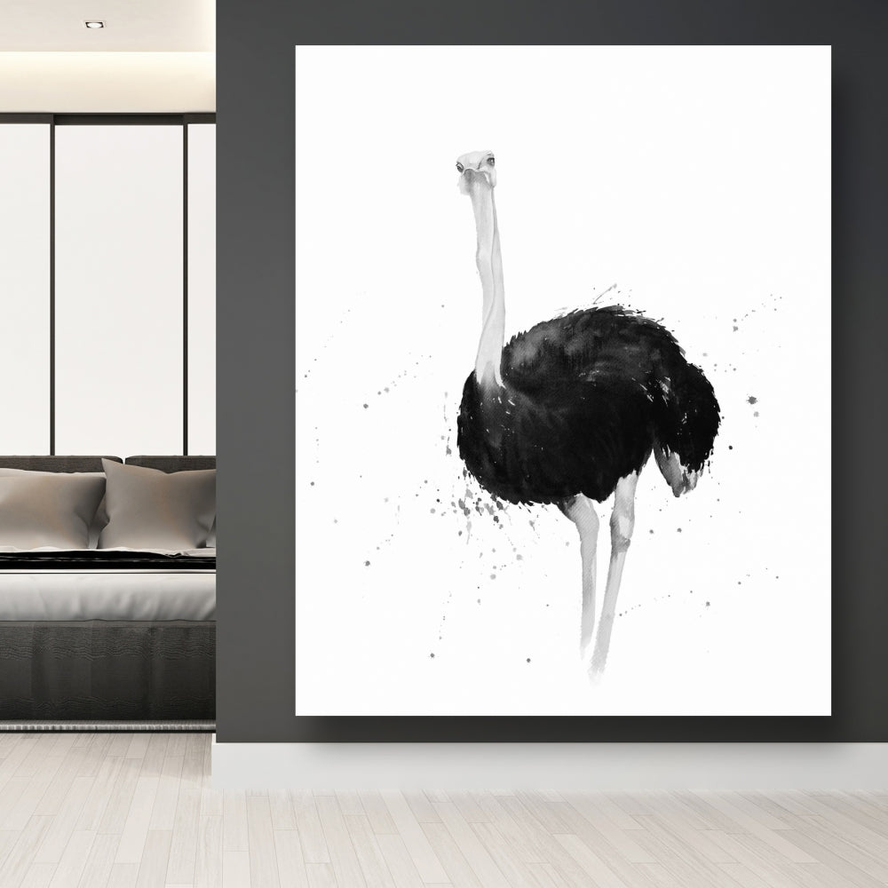Ostrich Watercolor Canvas - Gray Bedroom Animal Art Decor