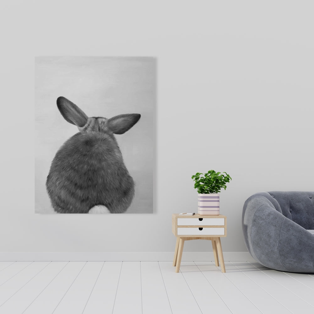 Monochrome Pets White Canvas - Little Rabbit from Behind Decor