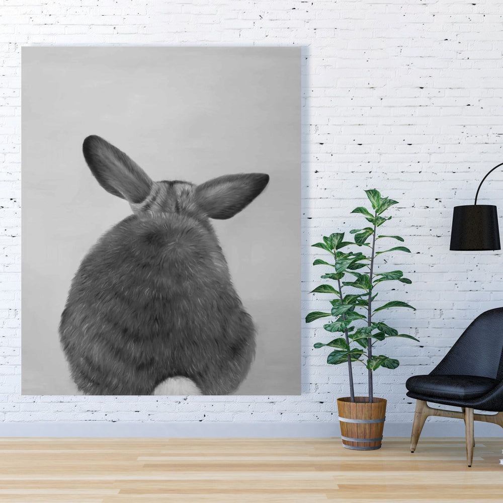 Monochrome Pets White Canvas - Little Rabbit from Behind Decor