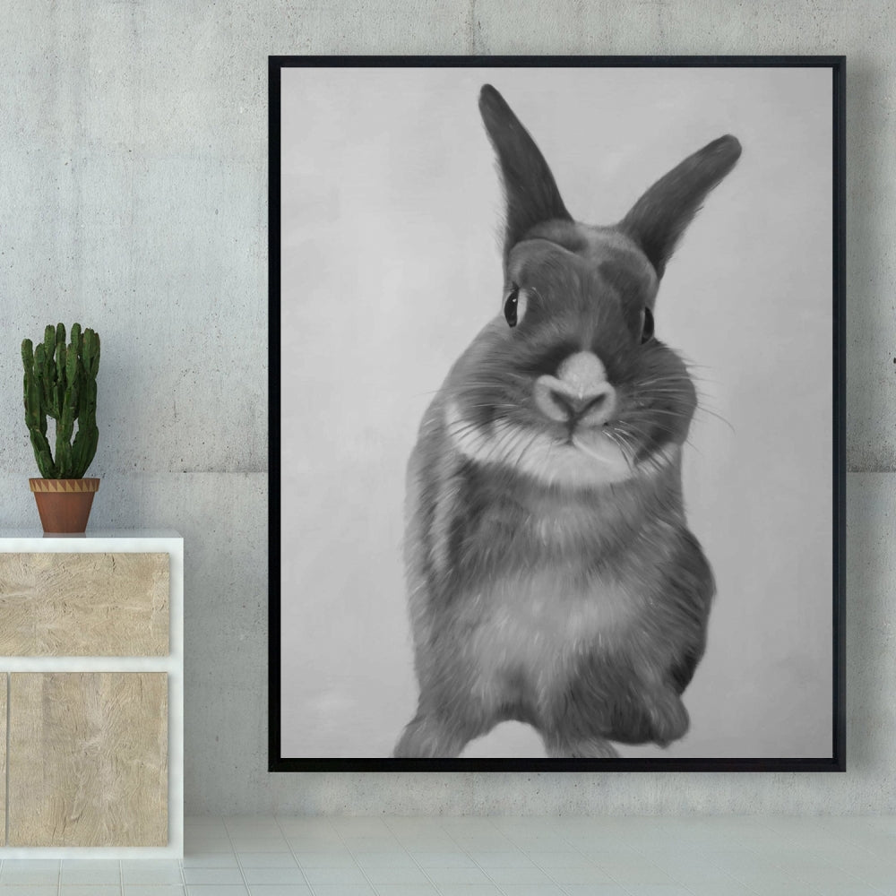 Toile « Lapin gris amusant » | Décoration monochrome pour chambre blanche