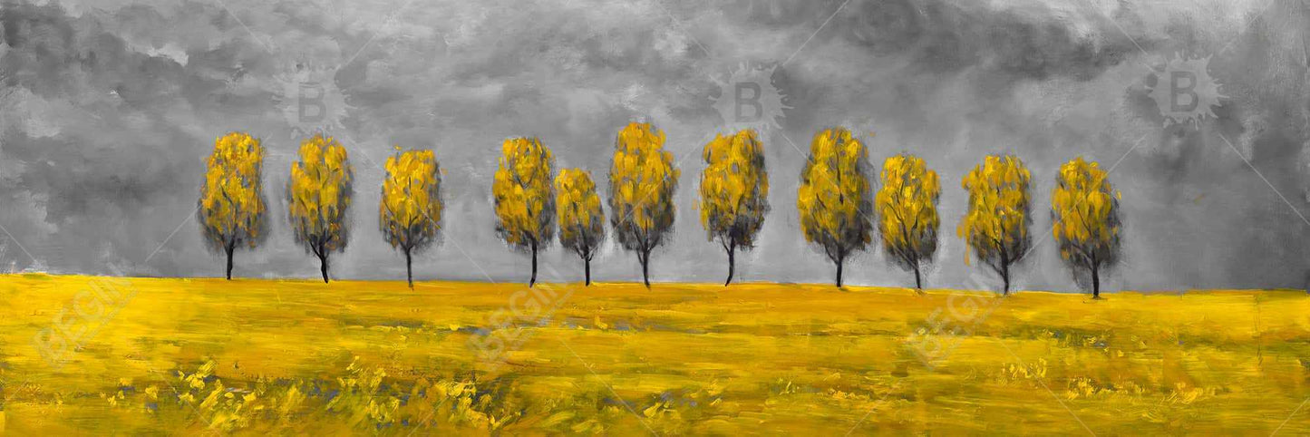 Toile représentant des arbres jaunes dans un champ – Décoration murale moderne pour chambre à coucher
