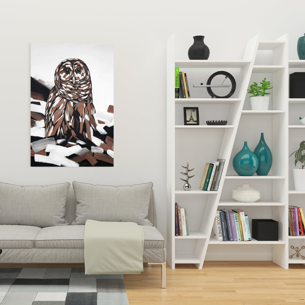 Toile blanche rustique représentant une chouette hulotte | Décoration d'intérieur et art animalier