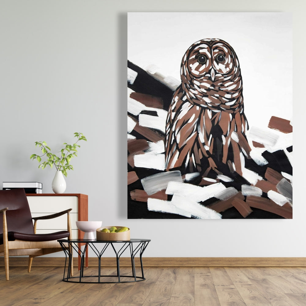 Toile blanche rustique représentant une chouette hulotte | Décoration d'intérieur et art animalier