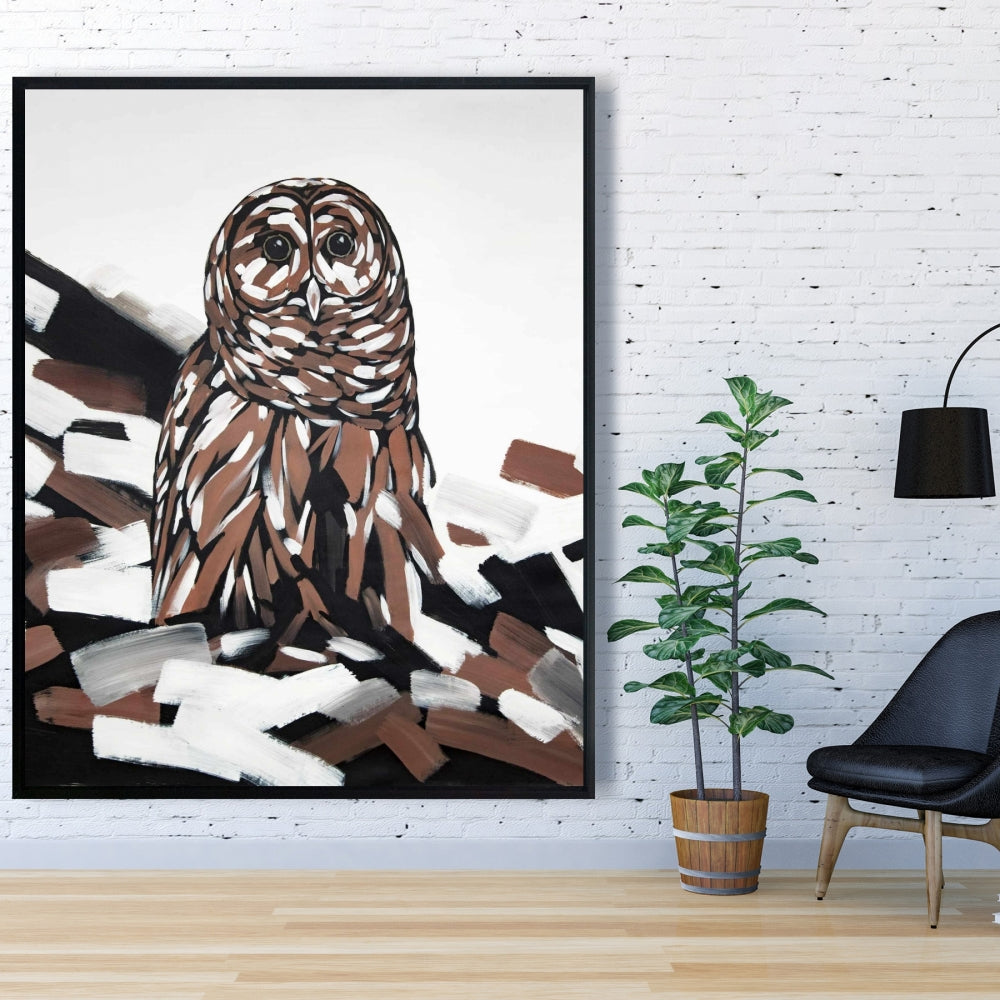 Toile rustique représentant une chouette hulotte | Décoration d'intérieur encadrée