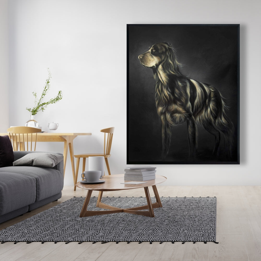 Toile encadrée marron représentant un épagneul picard