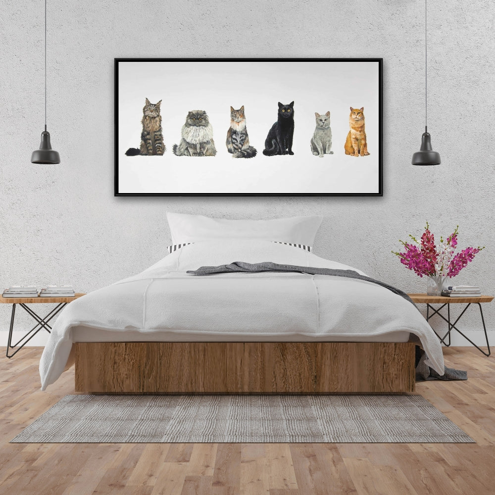Toile encadrée marron « Six chats alignés » | Décoration d'intérieur