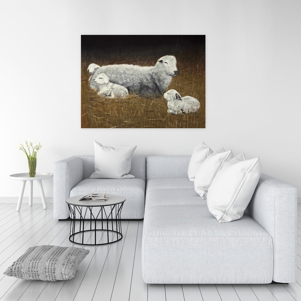 Farmhouse Sheep and Lambs Gray Canvas - Rustic Home Decor