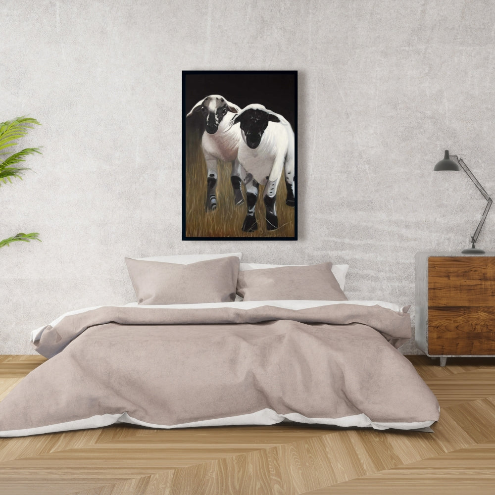 Toile encadrée Deux agneaux – Décoration de salon rustique avec animaux de la ferme