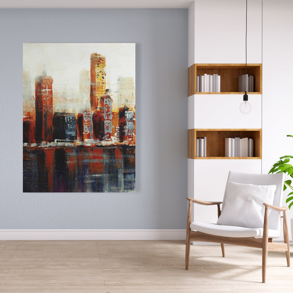 Paysage urbain abstrait rouge | Toile contemporaine bleue pour décoration intérieure