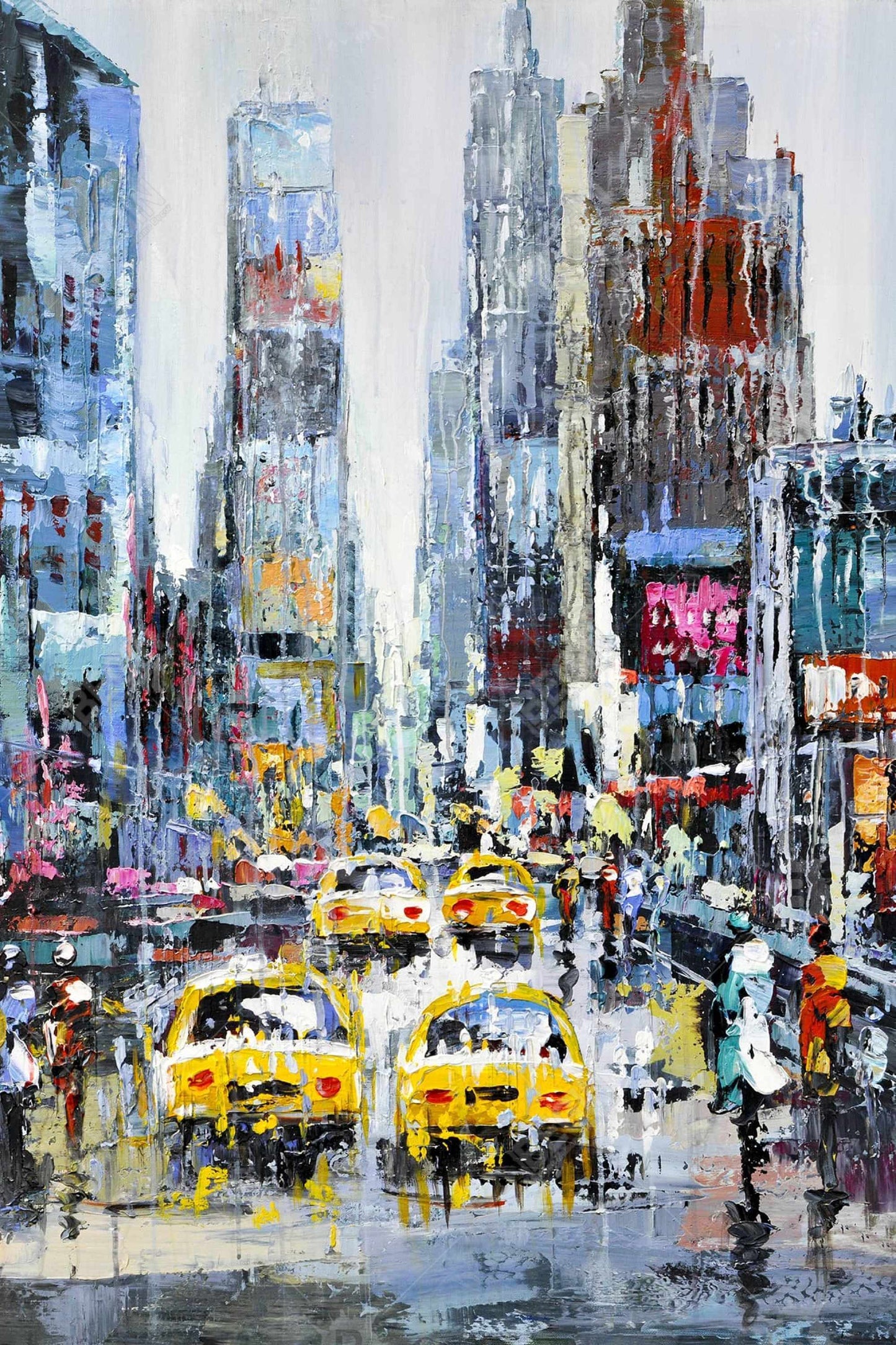 Scène urbaine avec taxis jaunes - Toile décorative encadrée bleue