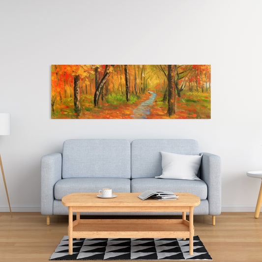 Autumn Trail in Forest Canvas | Orange Living Room Wall Art