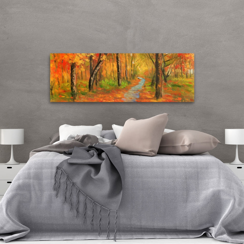 Autumn Trail in Forest Canvas | Orange Living Room Wall Art