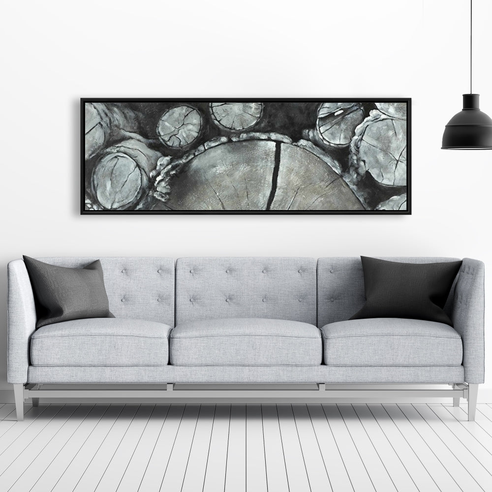Stacked Wood Logs Canvas | White Framed Monochrome Decor