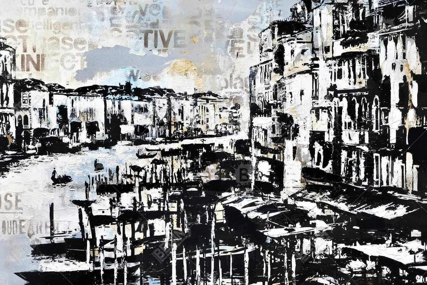 Abstract Venise Port Canvas - Blue Boat Bedroom Wall Art