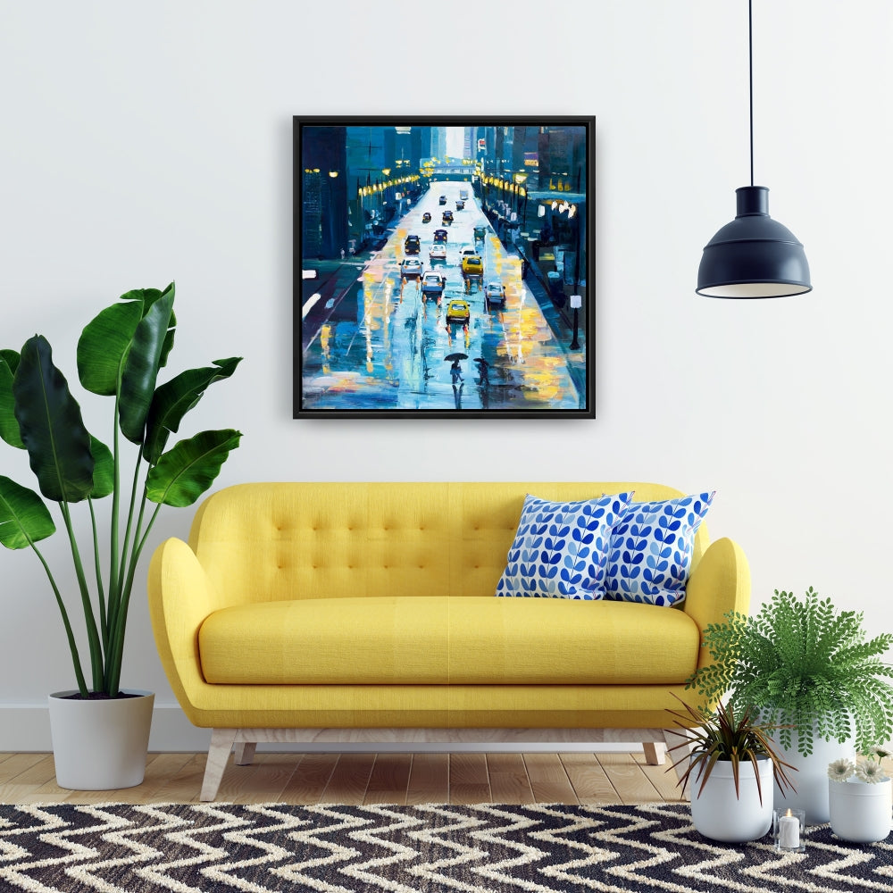 Rainy Streets of New York Canvas | Blue Framed Home Decor