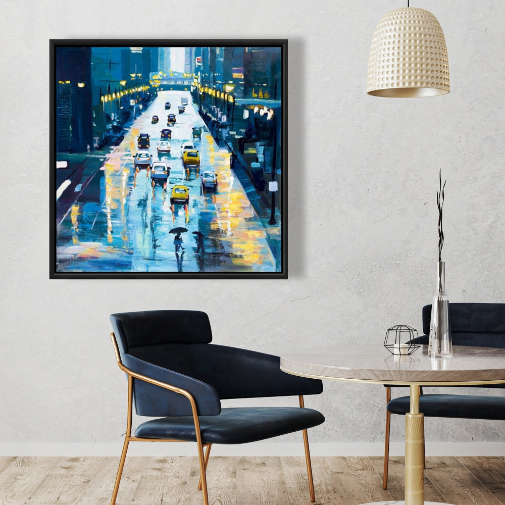 Rainy Streets of New York Canvas | Blue Framed Home Decor