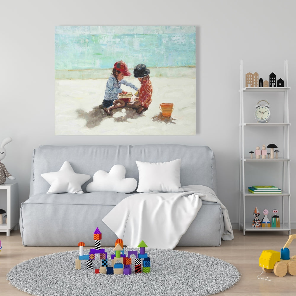 Little Girls at the Beach - Coastal Marine Canvas Home Decor