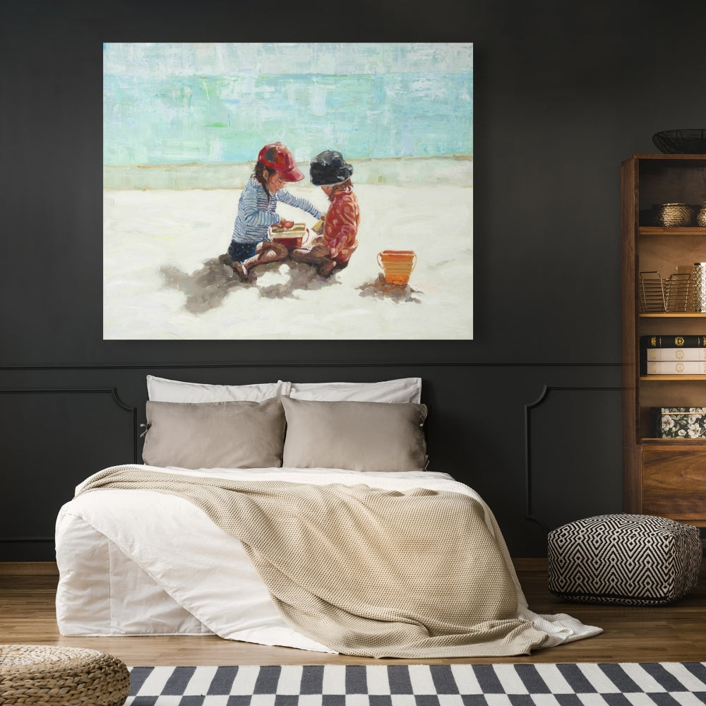 Little Girls at the Beach - Coastal Marine Canvas Home Decor