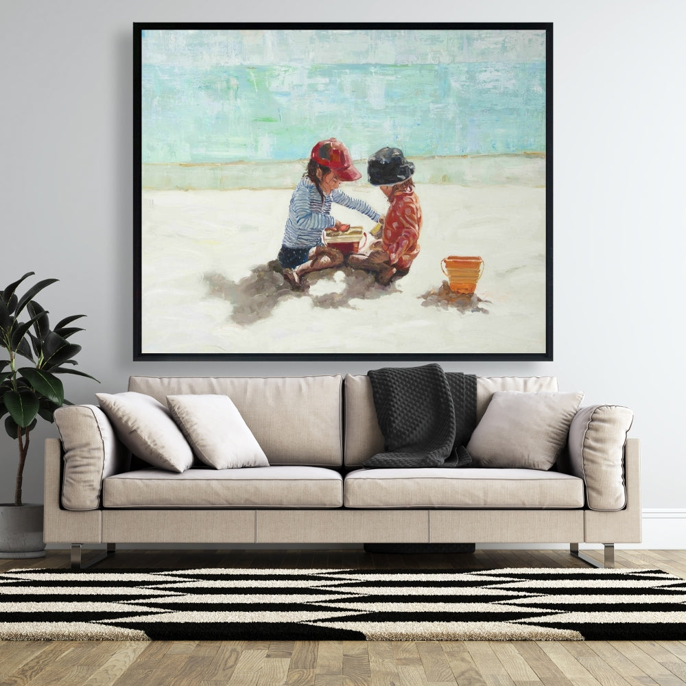 Marine Blue Coastal Canvas - Little Girls at Beach Decor