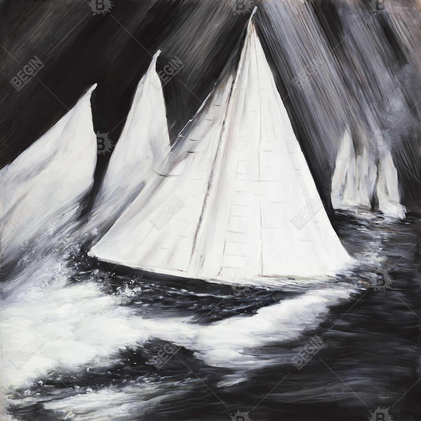 White Coastal Framed Canvas | Grayscale Boats in Storm Decor
