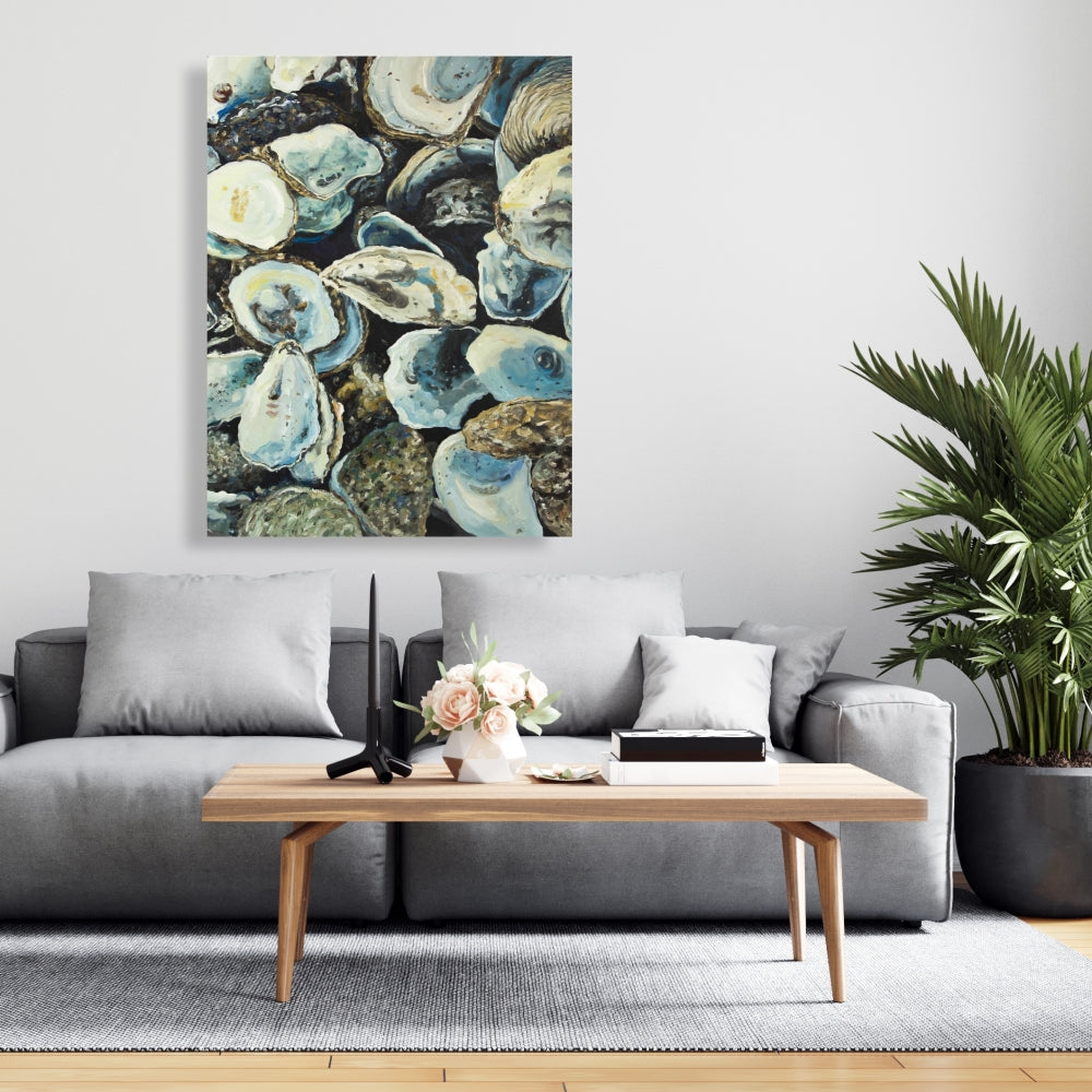 Marine Blue Oyster Shells Canvas | Coastal Home Decor Art