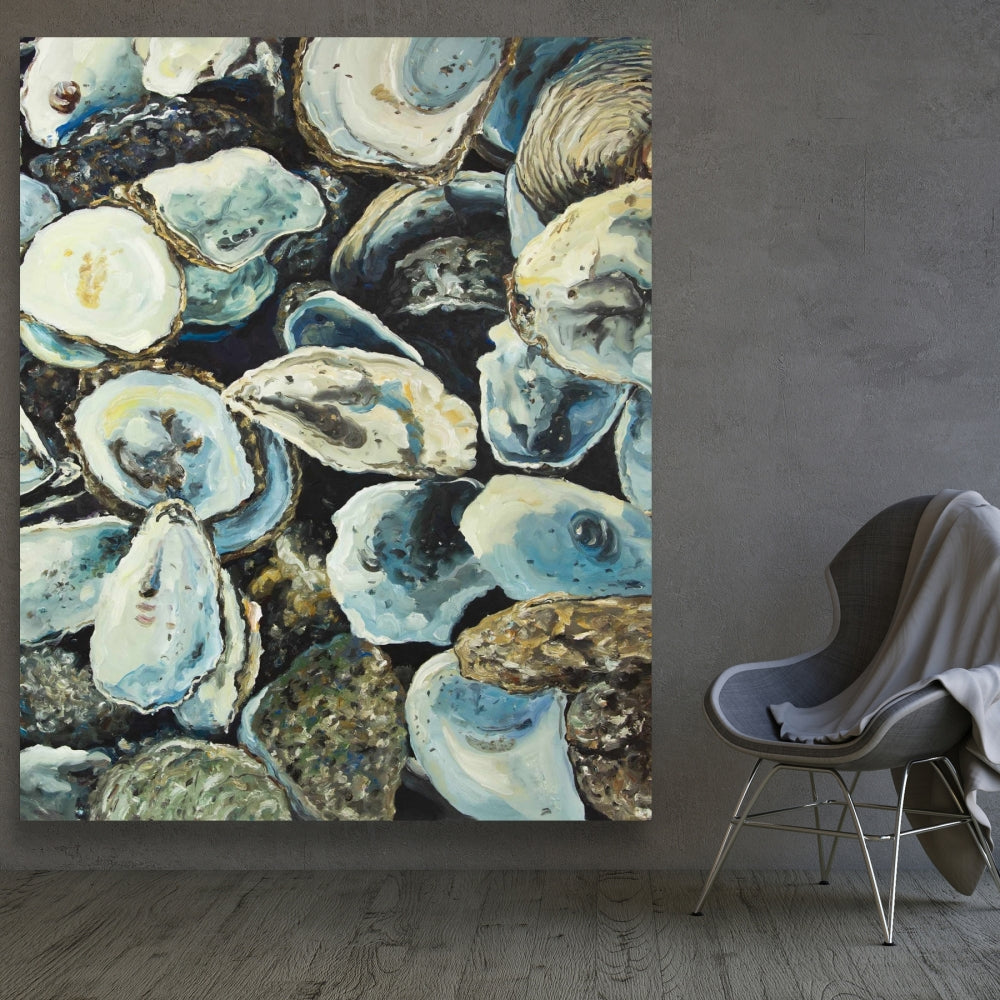 Marine Blue Oyster Shells Canvas | Coastal Home Decor Art