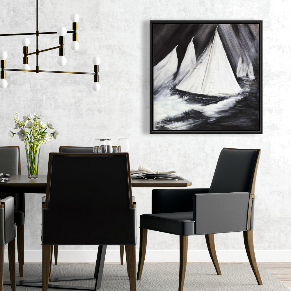 White Coastal Framed Canvas | Grayscale Boats in Storm Decor