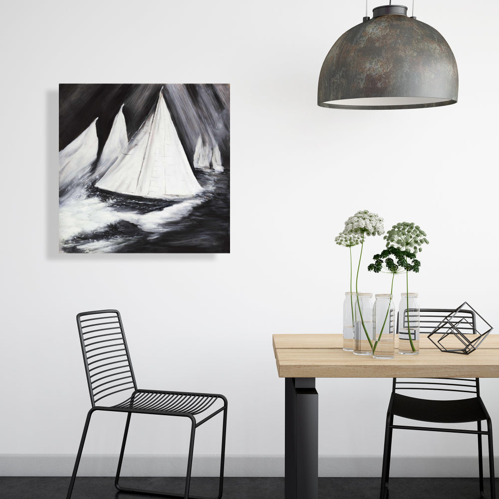 Coastal Boat White Canvas - Grayscale Boats in a Storm Decor