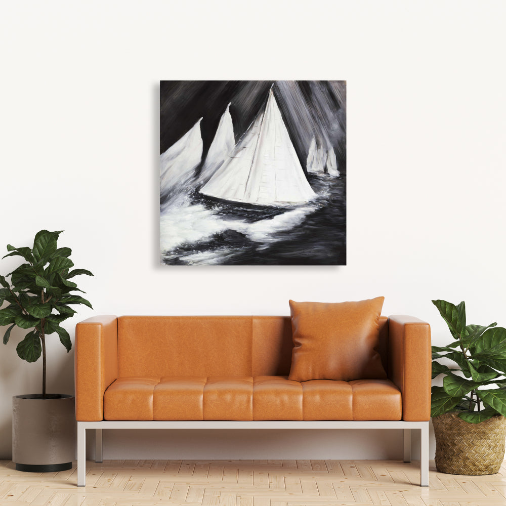 Coastal Boat White Canvas - Grayscale Boats in a Storm Decor