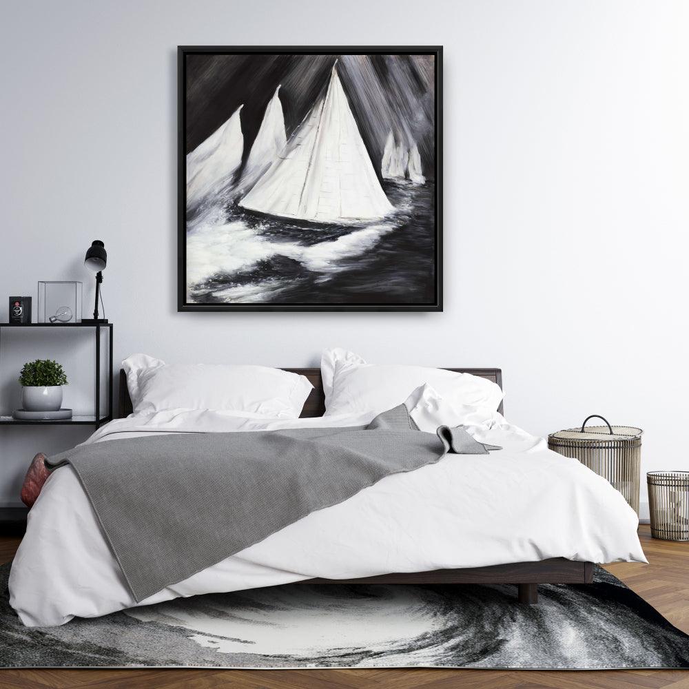 White Coastal Framed Canvas | Grayscale Boats in Storm Decor