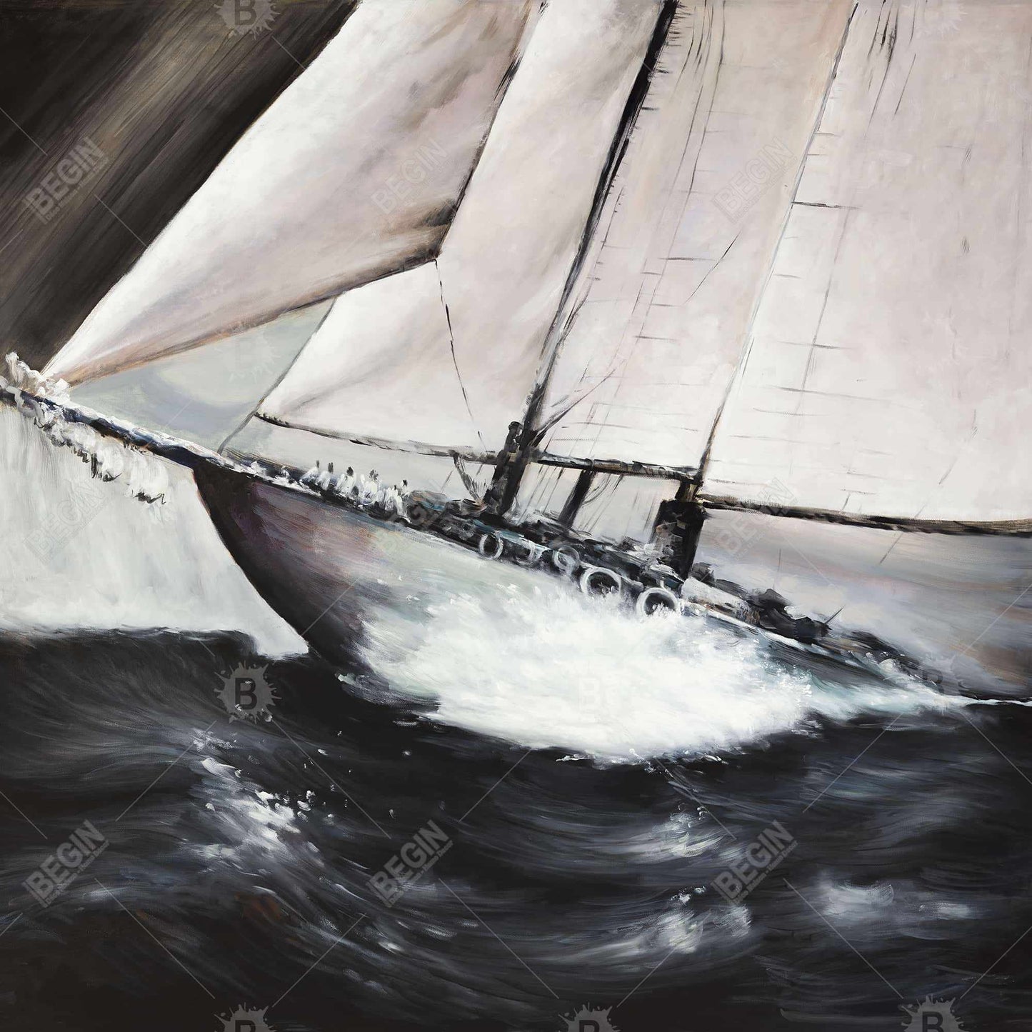 Coastal Brown Boat Framed Canvas - Boat in a Violent Storm