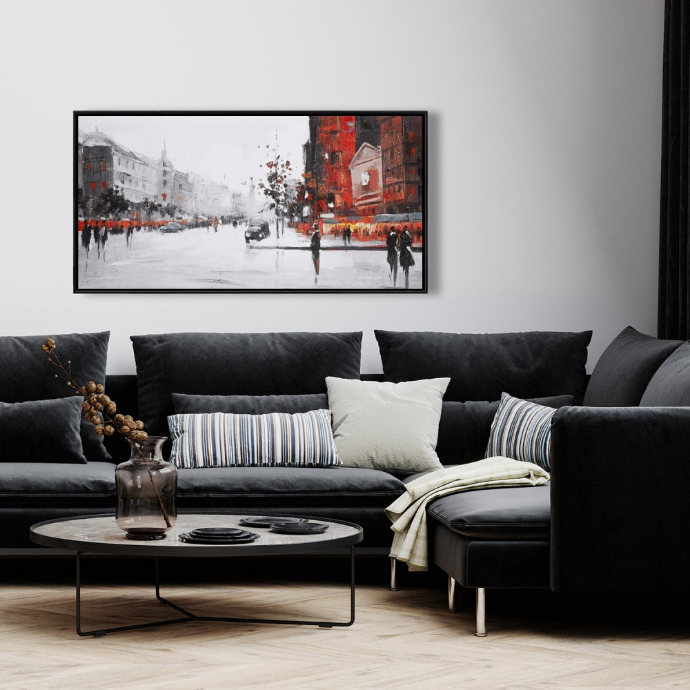 Classic Street Scene Canvas | Gray Framed Wall Art Decor