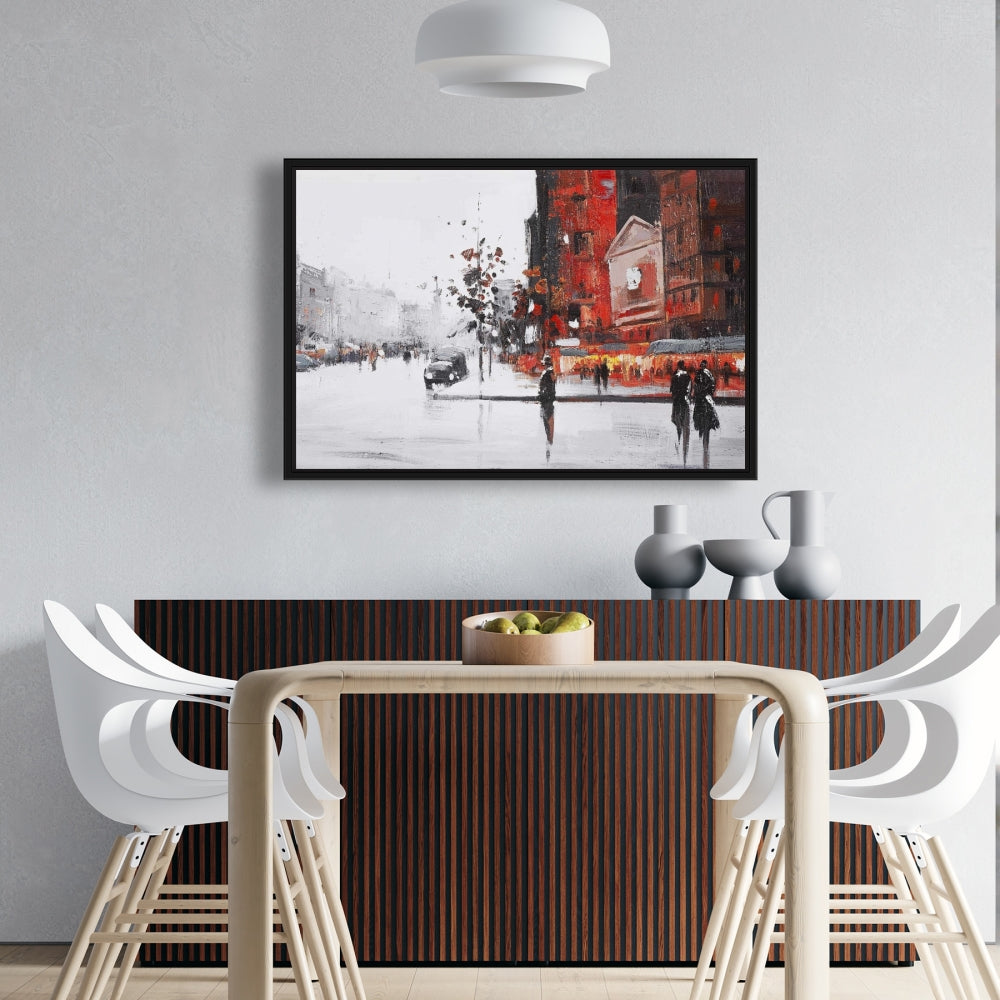 Classic Street Scene Canvas | Gray Framed Wall Art Decor