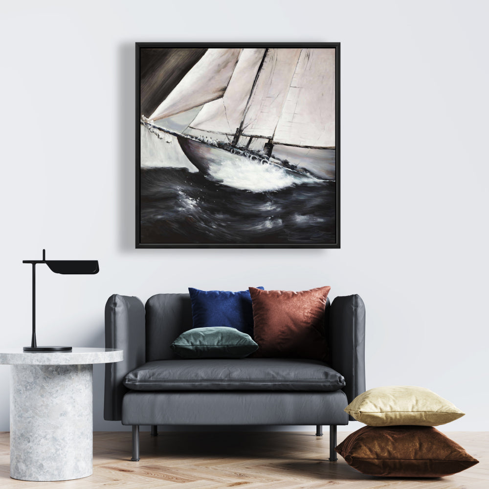 Coastal Brown Boat Framed Canvas - Boat in a Violent Storm