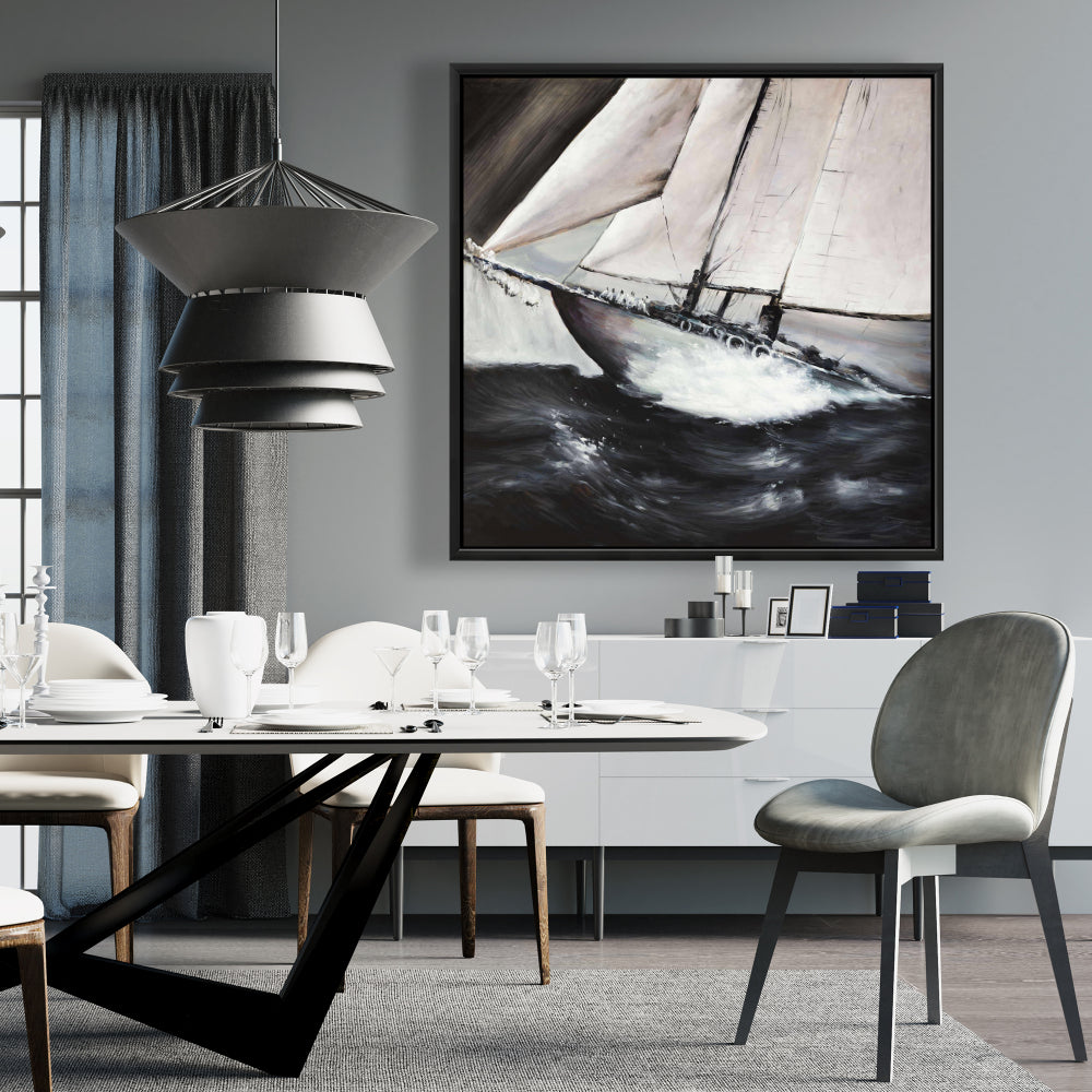 Coastal Brown Boat Framed Canvas - Boat in a Violent Storm