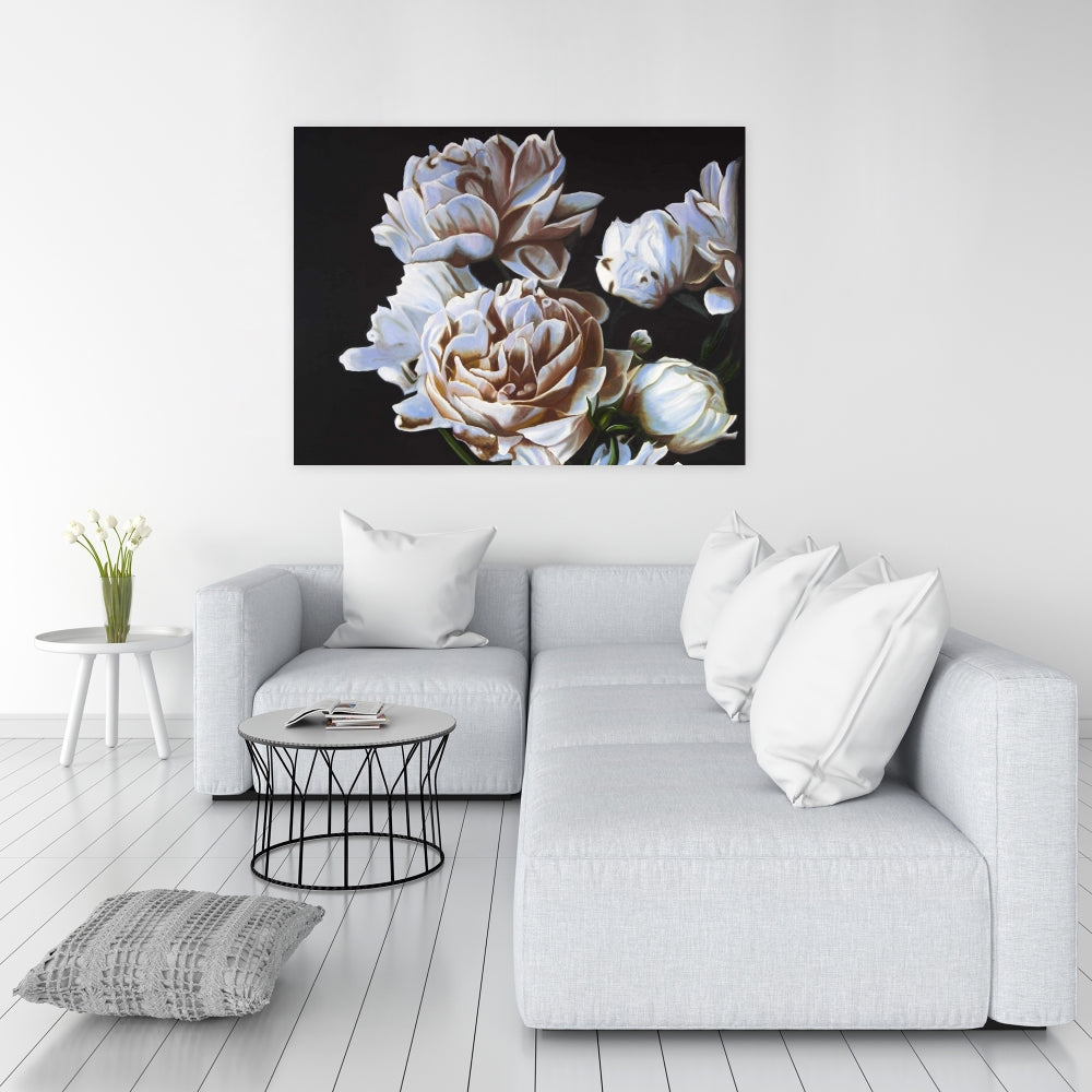 Peonies Canvas - White Leaves Bedroom Wall Art Home Decor