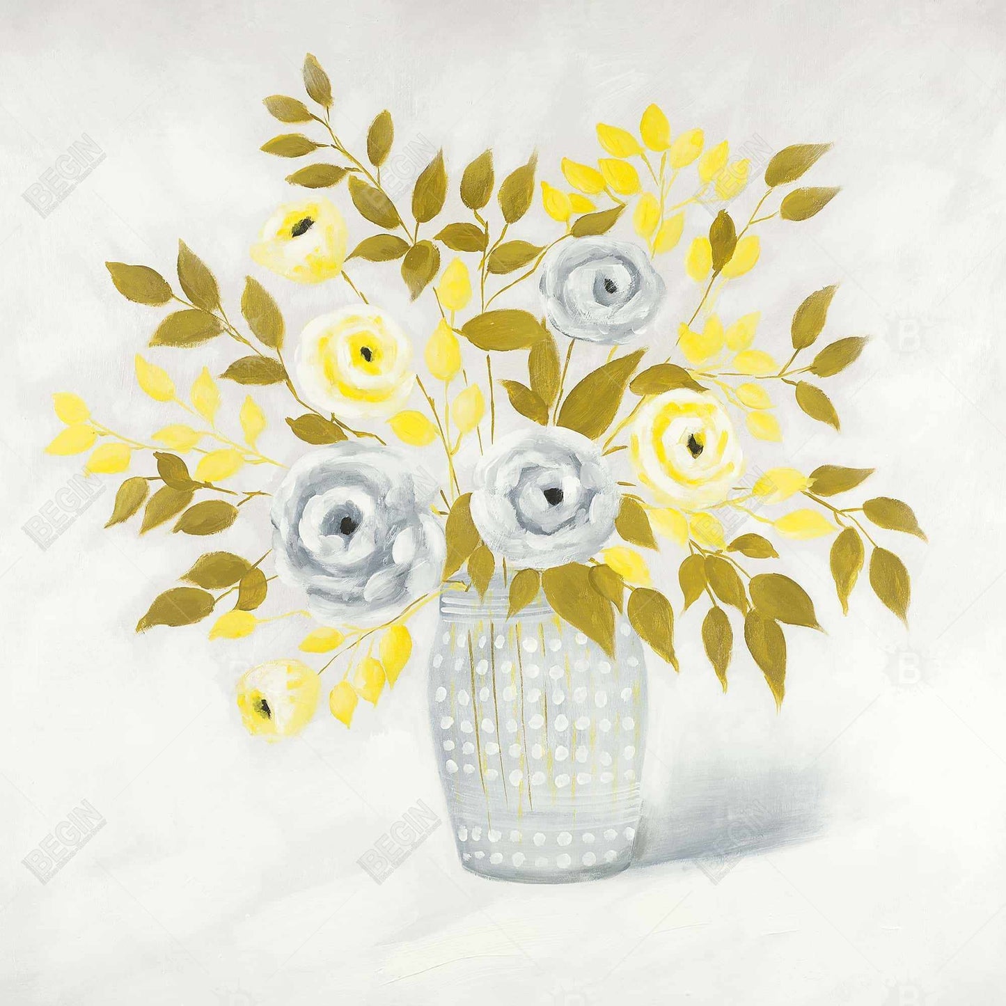 Vase de fleurs bleues et jaunes | Toile décorative encadrée grise