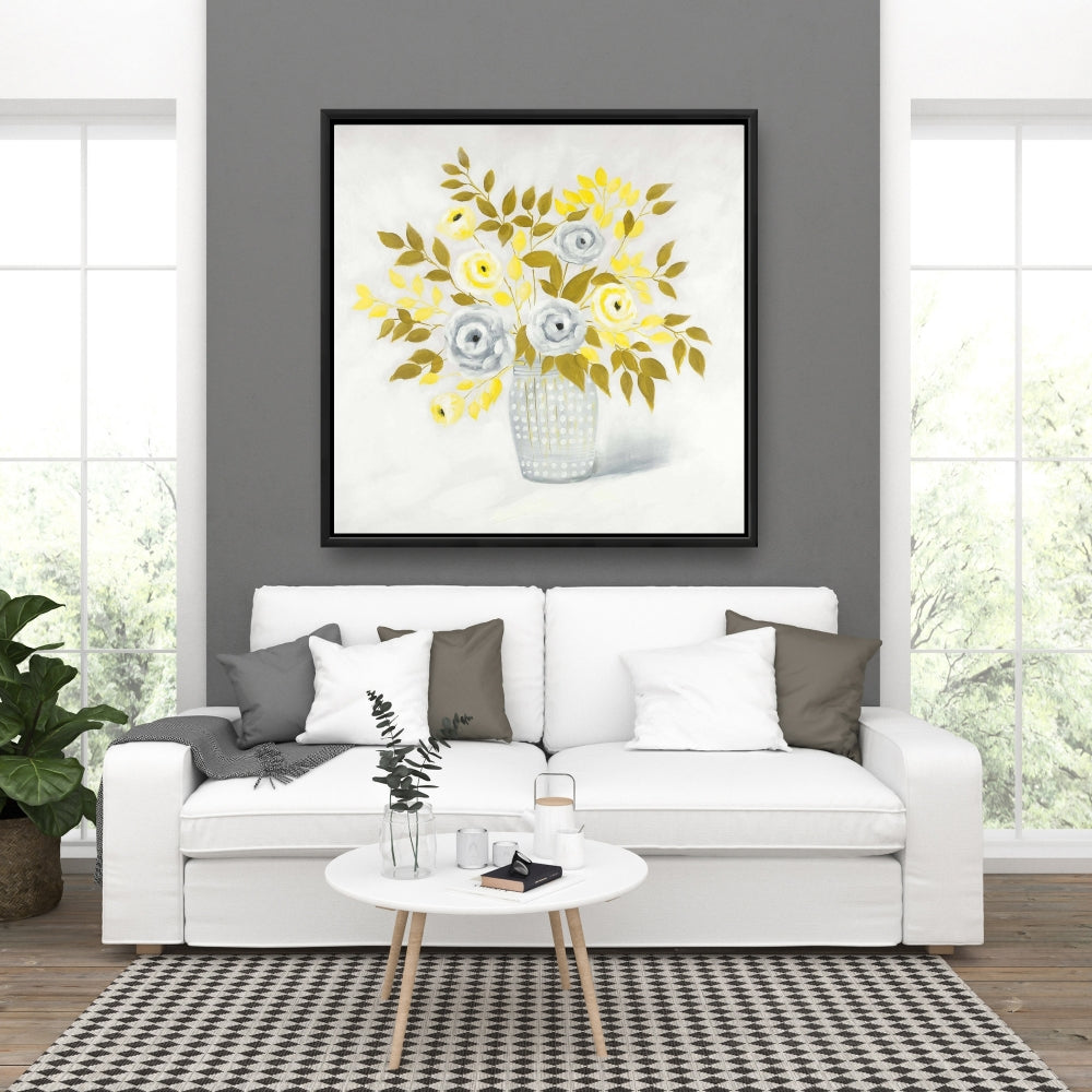 Vase de fleurs bleues et jaunes | Toile décorative encadrée grise
