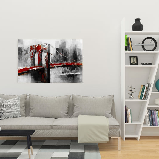 Gray Contemporary Building Canvas - Abstract Red Brooklyn Bridge