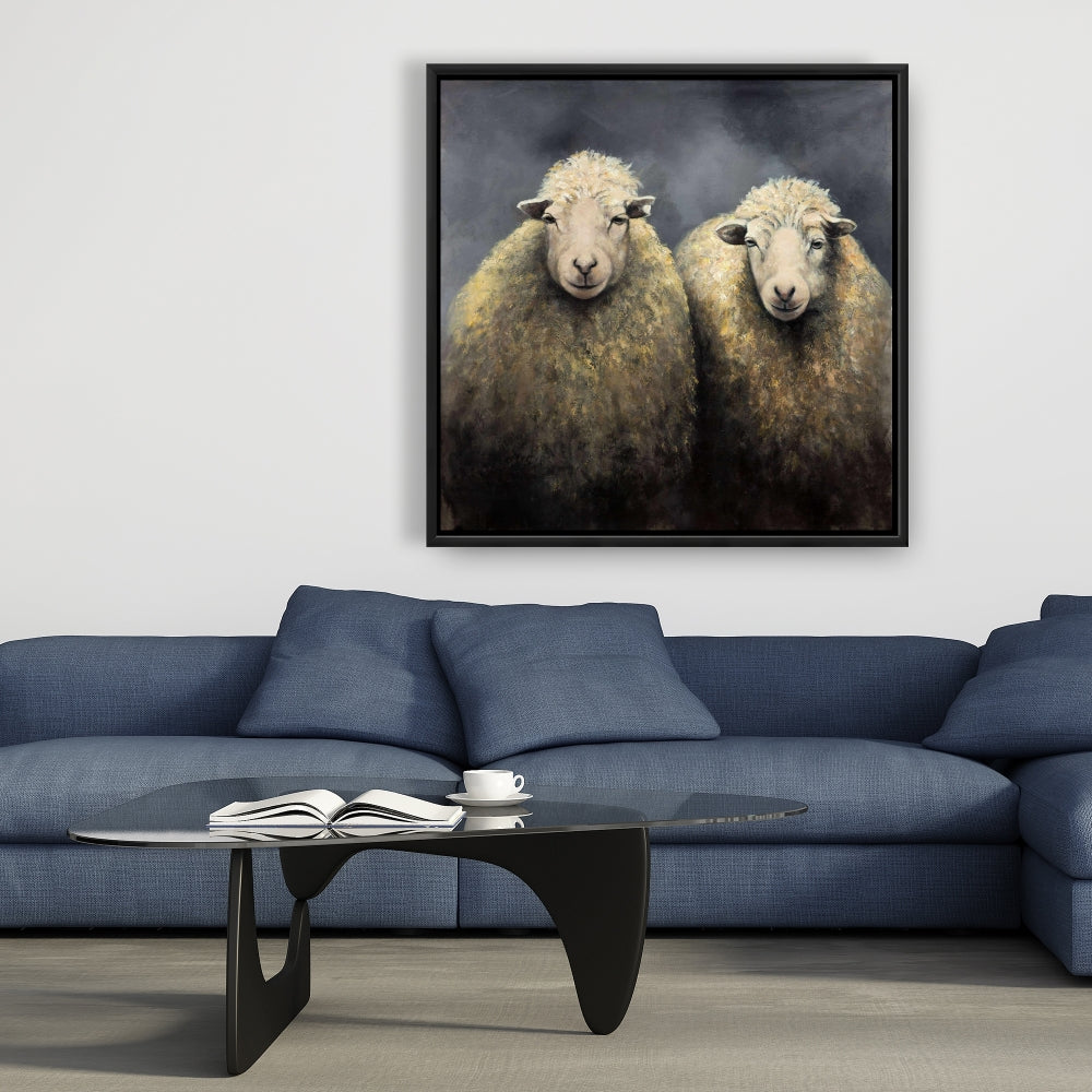 Toile rustique grise avec animaux de la ferme – Décoration d'intérieur en laine de mouton