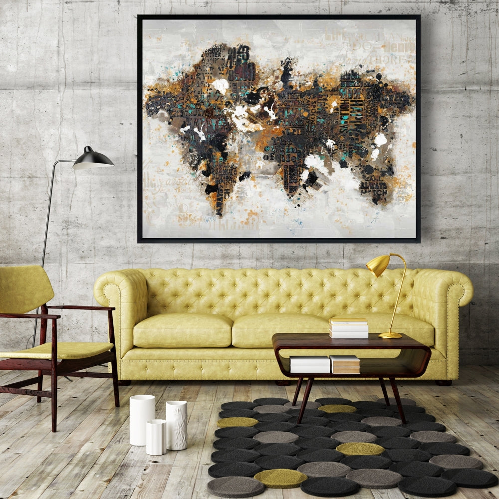 Carte du monde abstraite sur toile | Décoration de chambre marron