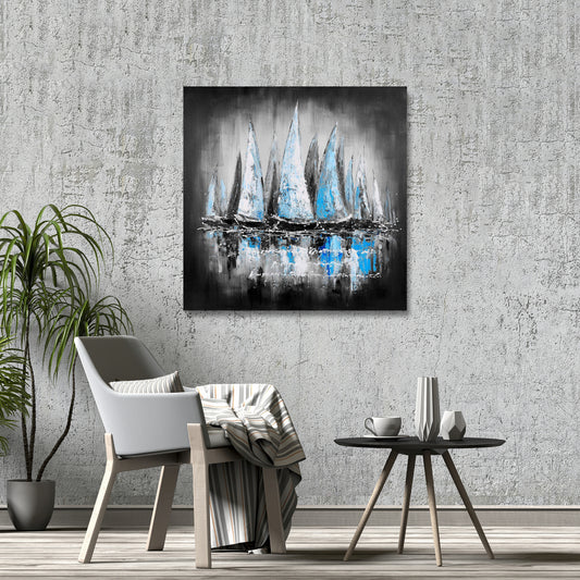 Blue Sailboats Industrial Abstract Canvas - Home Decor Art
