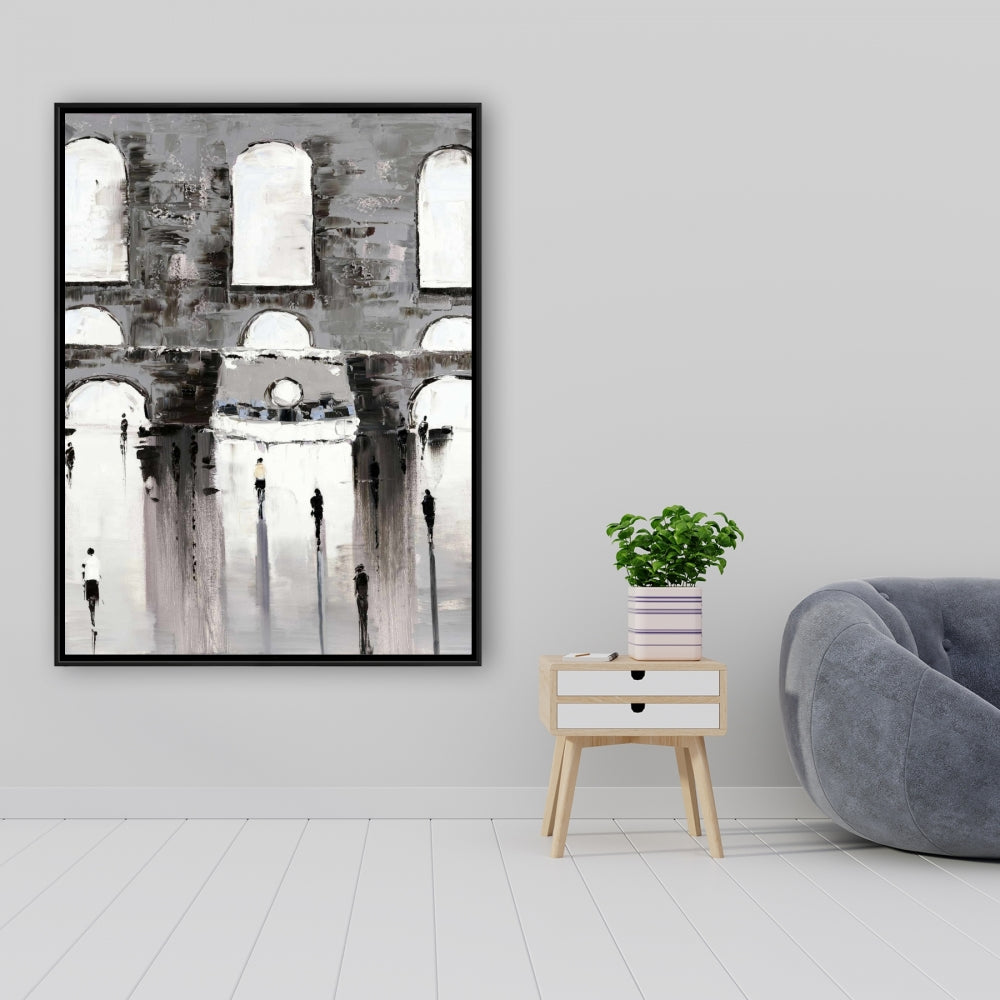 Toile de paysage de rue dans une chambre grise – Bâtiment gris et passants